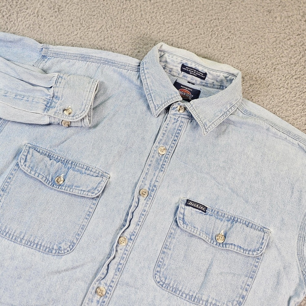 Dickies Shirt Mens Medium Blue Denim Long Sleeve Button Up Workwear Casual